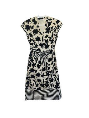 Zoe & Claire Midi Dress Womens M Black Cream Floral Striped Tie Waist